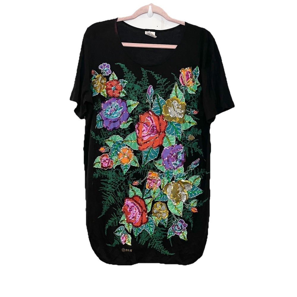 90s 80 Vintage Floral Graphic T Shirt Single Stitch Sequin Hand Made In Bali M